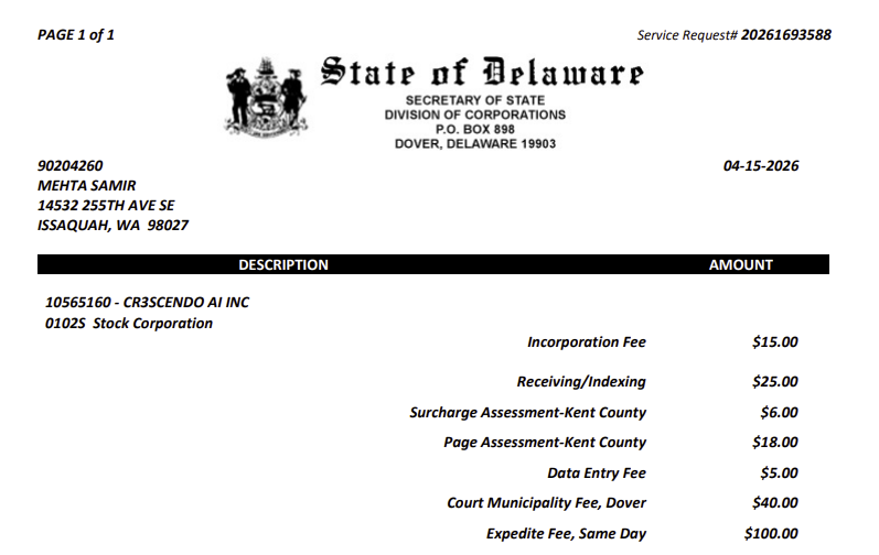 Delaware Division of Corporations Certificate of Incorporation, filed and stamped, redacted