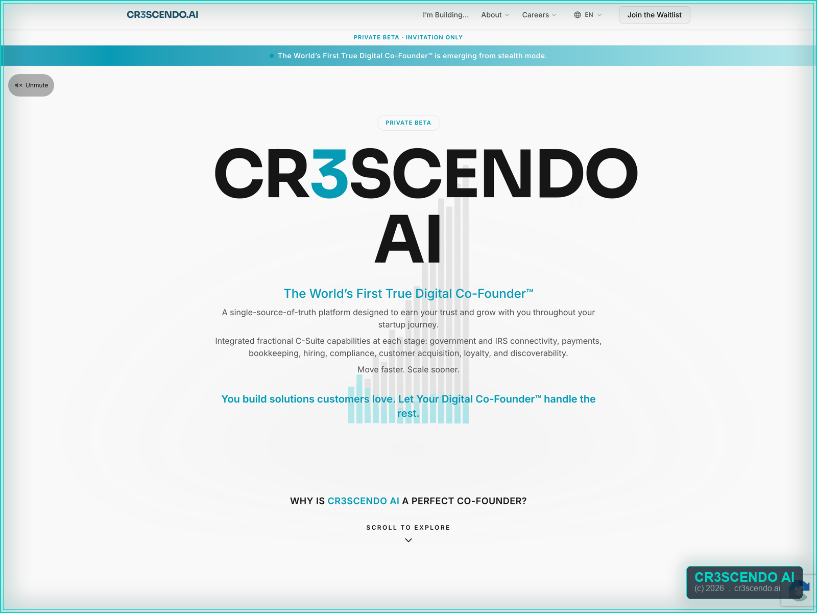 Screenshot of the cr3scendo.ai homepage