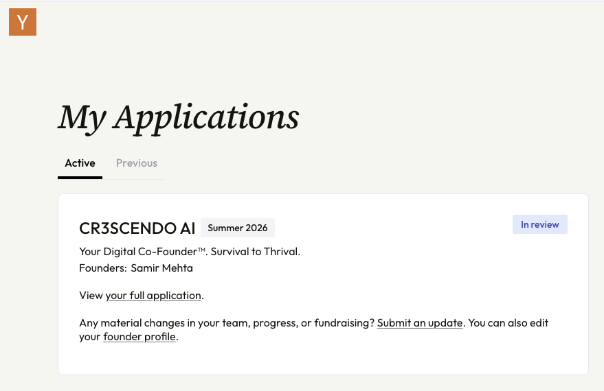 Cover page of the submitted Y Combinator 2026 application