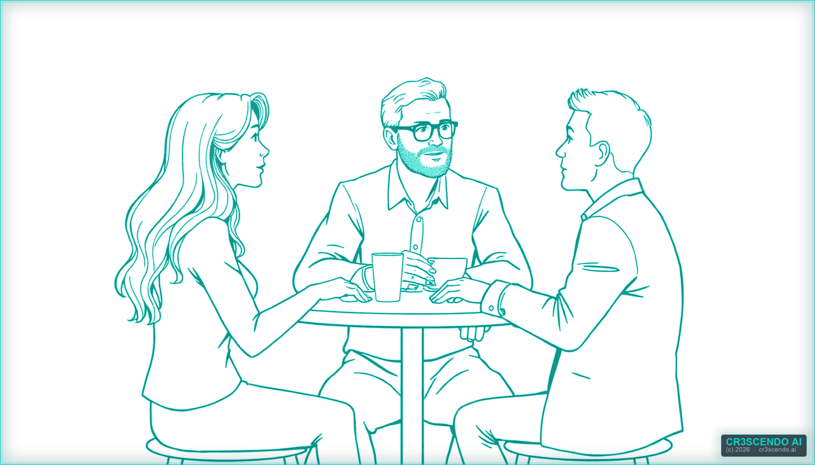 Una persona fundadora completamente presente en su oficio, conversando con una clienta, mientras una silueta del Cofundador Digital al fondo se ocupa silenciosamente de los formularios, la contabilidad y las operaciones.